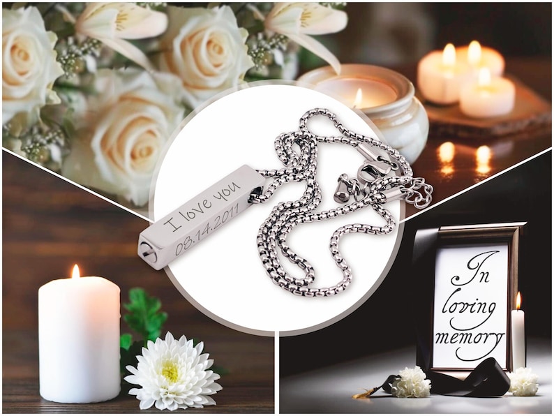 May include: Silver necklace with a rectangular pendant engraved with "I love you 08.14.2011". The necklace is displayed on a white background with white roses and candles.
