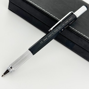 Custom Black Pen in Leather Box, Engraved Multitool 6 in 1 Pen, Personalized Tool Pen, Perfect Gift: If Dad Can&#39;t Fix It, No One Can