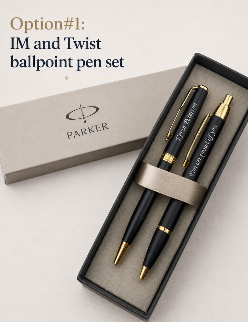 May include: A Parker IM and Twist ballpoint pen set in a presentation box. The black pens feature gold-tone accents and clips. One pen is engraved with the name Kevin Peterson, and the other with the phrase Forever proud of you.