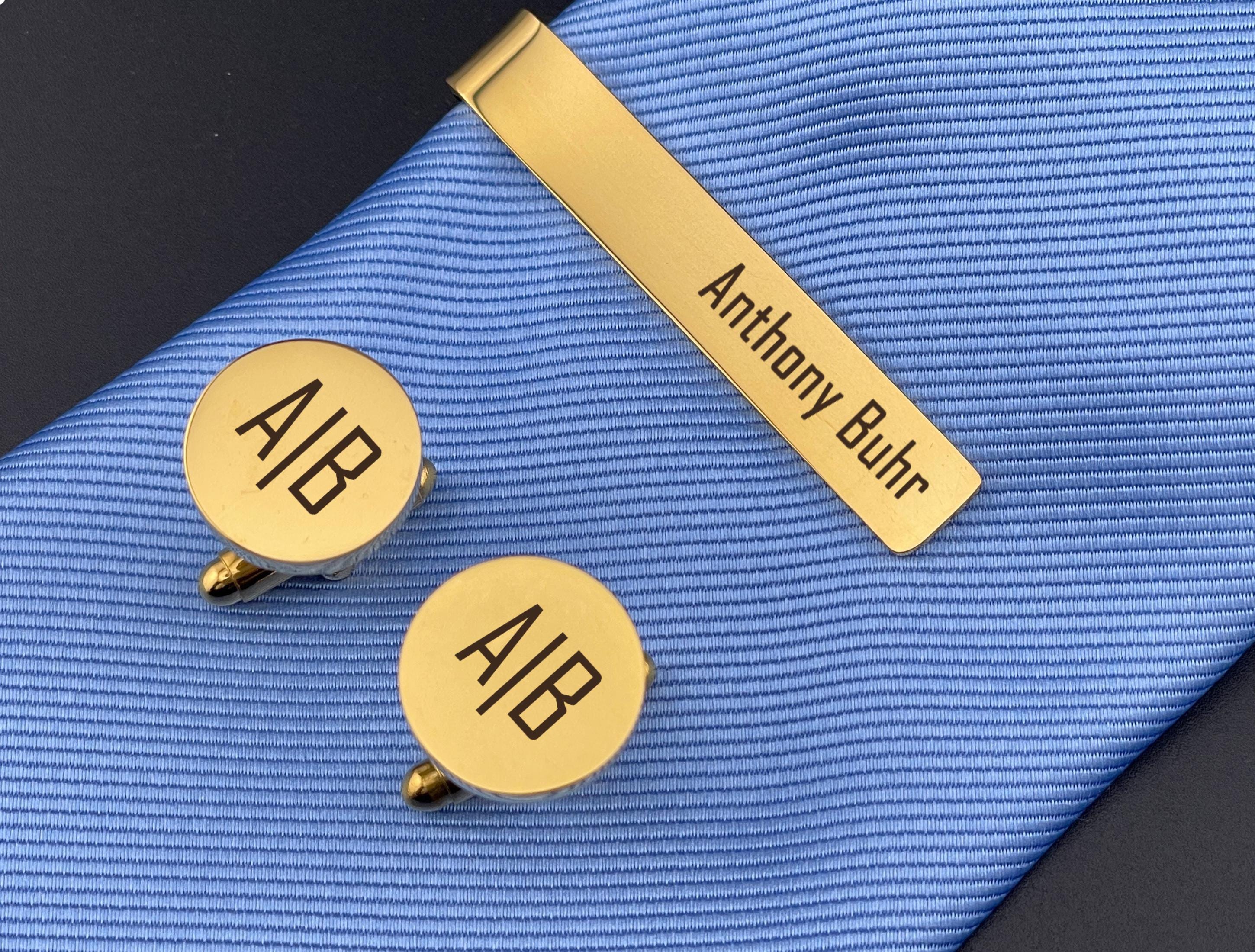 Engraved Gold Cuff Links & Tie Bar Set: Personalized Stainless Steel Accessories