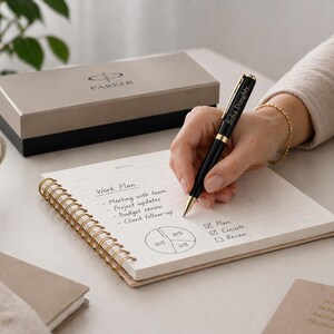 May include: A black Parker ballpoint pen with gold-tone accents and the name Sofia Doughty engraved on the barrel. The pen is positioned over a spiral-bound notebook containing a handwritten work plan, a pie chart, and a checklist with checkboxes.