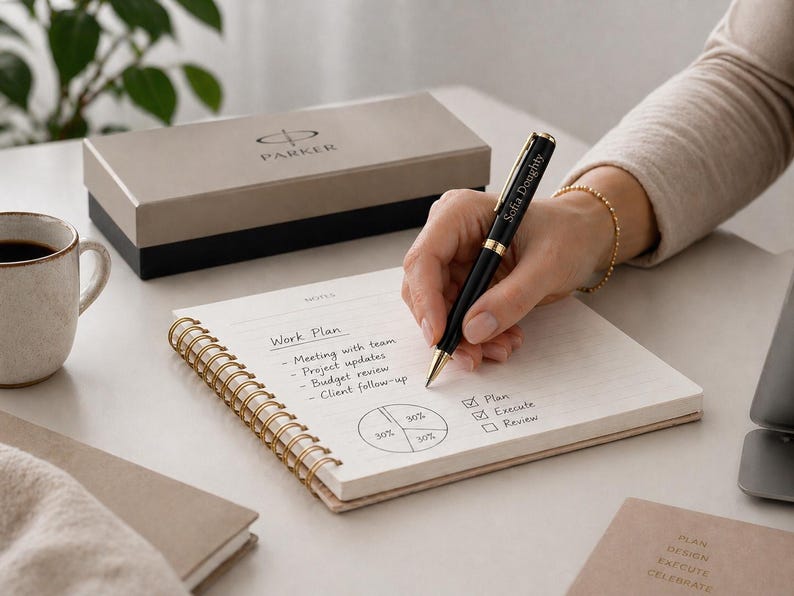 May include: A black Parker ballpoint pen with gold-tone accents and the name Sofia Doughty engraved on the barrel. The pen is positioned over a spiral-bound notebook containing a handwritten work plan, a pie chart, and a checklist with checkboxes.