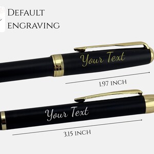 May include: Two black pens with gold-colored accents and clips. Each pen features the engraved text "Your Text" in a script font. The top pen shows a segment length of 1.97 inches, while the bottom pen shows a segment length of 3.15 inches.