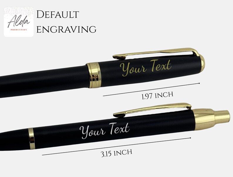 May include: Two black pens with gold-colored accents and clips. Each pen features the engraved text "Your Text" in a script font. The top pen shows a segment length of 1.97 inches, while the bottom pen shows a segment length of 3.15 inches.