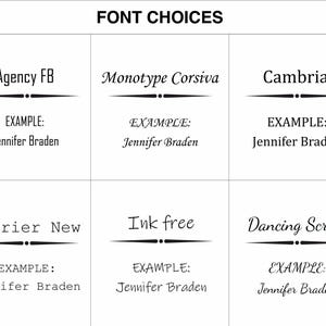 May include: A graphic showing six different font choices for a name. The fonts are Agency FB, Monotype Corsiva, Cambria, Courier New, Ink free, and Dancing Script. Each font is shown with an example of the name "Jennifer Braden" written in that font.