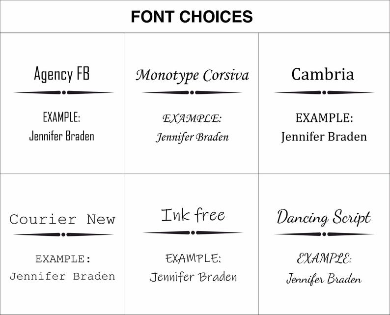 May include: A graphic showing six different font choices for a name. The fonts are Agency FB, Monotype Corsiva, Cambria, Courier New, Ink free, and Dancing Script. Each font is shown with an example of the name "Jennifer Braden" written in that font.