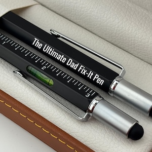 Custom Black Pen in Leather Box, Engraved Multitool 6 in 1 Pen, Personalized Tool Pen, Perfect Gift: If Dad Can't Fix It, No One Can