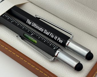 Custom Black Pen in Leather Box, Engraved Multitool 6 in 1 Pen, Personalized Tool Pen, Perfect Gift: If Dad Can't Fix It, No One Can