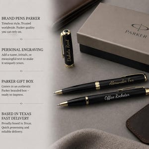 May include: Two black ballpoint pens with gold-tone accents and clips, each featuring custom engraving. One pen is engraved with the name Alexander Fox, the other with the text Office Rockstar. A matching black pen cap is engraved with Dakota Reed.