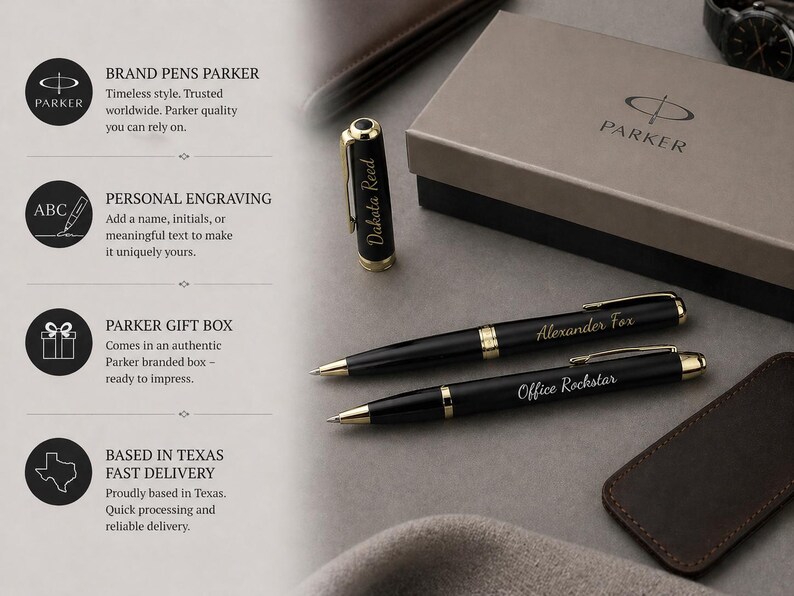 May include: Two black ballpoint pens with gold-tone accents and clips, each featuring custom engraving. One pen is engraved with the name Alexander Fox, the other with the text Office Rockstar. A matching black pen cap is engraved with Dakota Reed.