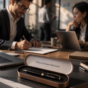 May include: A black ballpoint pen with gold-tone accents and the name Evan Moore engraved on the barrel, resting inside an open rose gold metal case. The interior lid of the case features the printed text Cheers to Smart Decisions.