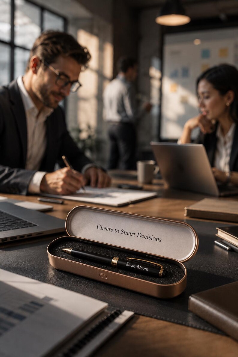 May include: A black ballpoint pen with gold-tone accents and the name Evan Moore engraved on the barrel, resting inside an open rose gold metal case. The interior lid of the case features the printed text Cheers to Smart Decisions.