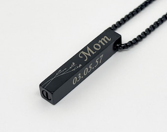 Engraved 3D Black Bar Urn Necklace, Memorial Jewelry for Ashes, Mother Loss Sympathy Gift