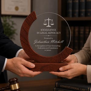 May include: A circular glass award plaque set in a crescent-shaped dark wood frame on a rectangular wooden base. The glass features an etched scale of justice icon and the text: EXCELLENCE IN LEGAL ADVOCACY, Presented to Johnathan Mitchell, In Recognition of Your Outstanding Dedication and Commitment to Justice.