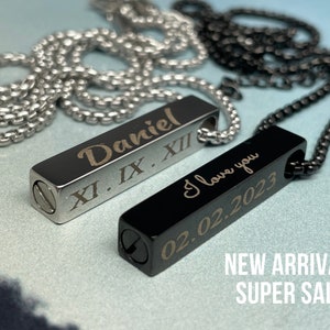 Personalized Cube Necklace | 4 Sides Custom Necklace | Engraved Jewelry Vertical Pendant and Chain | Urn Necklace For Ashes | Memorial Gift