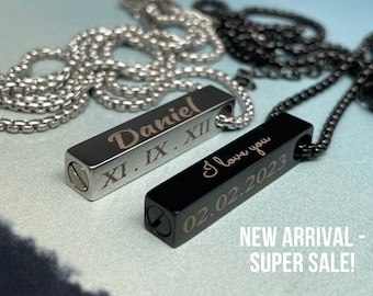 Personalized Cube Necklace | 4 Sides Custom Necklace | Engraved Jewelry Vertical Pendant and Chain | Urn Necklace For Ashes | Memorial Gift