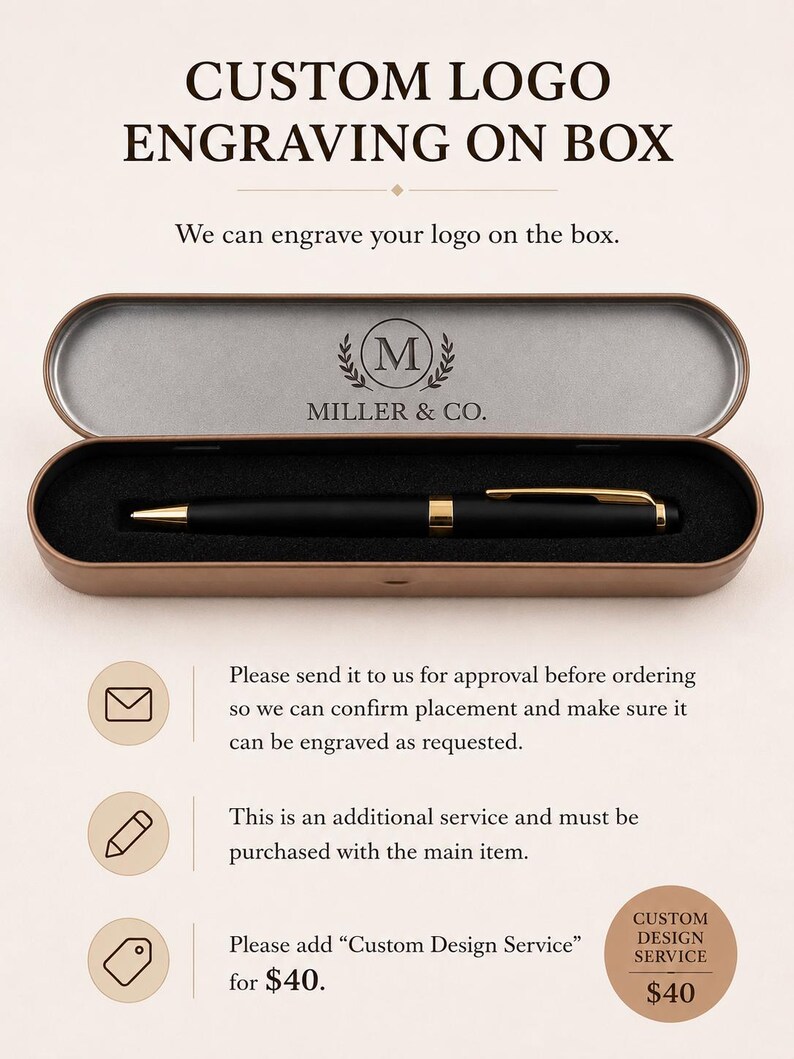 May include: A black ballpoint pen with gold-colored accents rests inside a rectangular metal case. The inside lid of the case features the engraved text MILLER & CO. with a circular M logo surrounded by laurel leaves. The image includes text instructions.