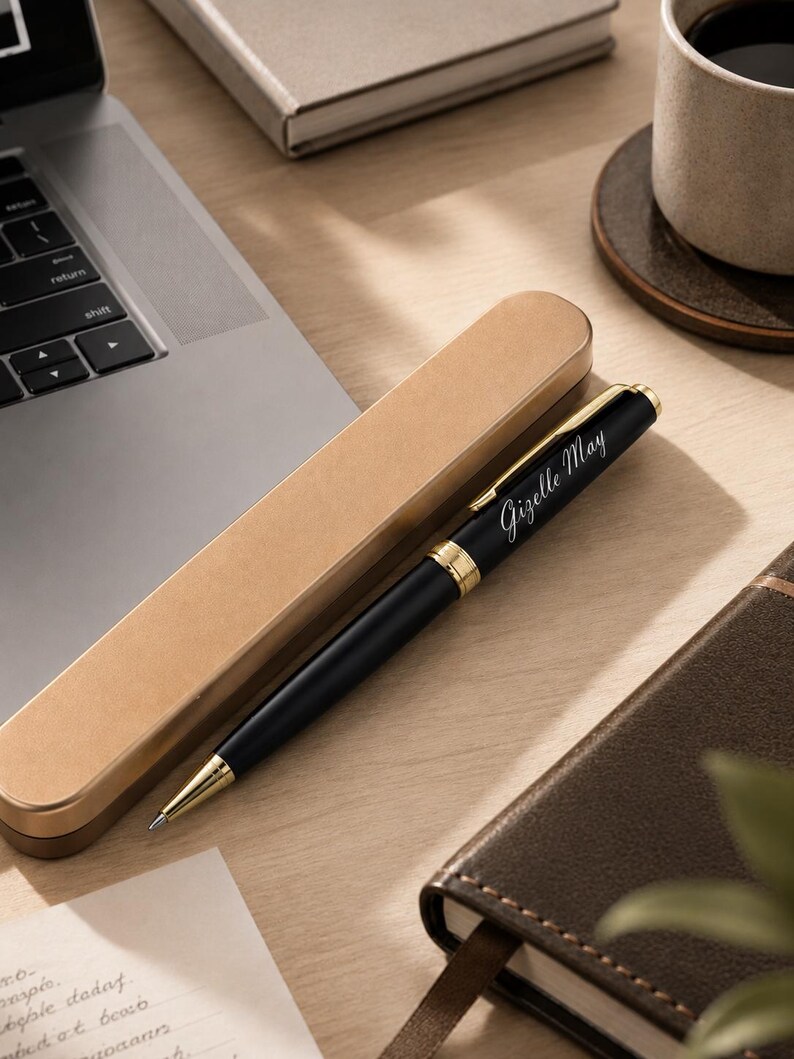 May include: A black ballpoint pen with gold-colored accents and a gold-colored clip, featuring the name Gizelle May engraved in white script on the barrel. The pen is positioned next to a matching gold-colored rectangular pen case.