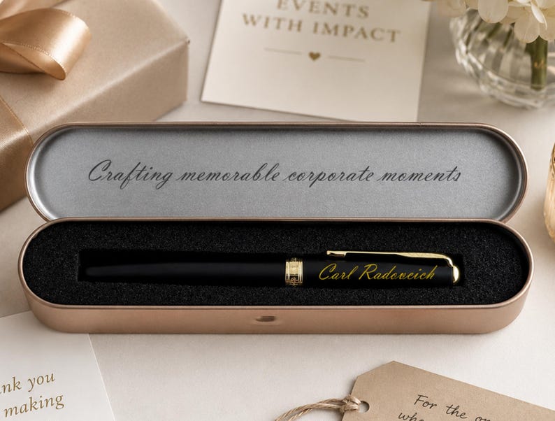 May include: A black pen with gold accents rests in a rose gold case lined with black foam. The case lid reads "Crafting memorable corporate moments." The pen is engraved with "Carl Radeveich."