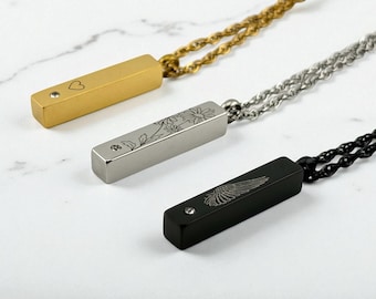 Personalized Pet Memorial Urn Necklace – Engraved Bar Pendant for Ashes, Dog or Cat Loss Gift, Custom Remembrance Jewelry for Women