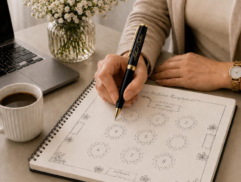 May include: A black and gold pen with the name "Albert Cutler" engraved on it is held over a notebook with a wedding reception seating chart. A cup of coffee, a laptop, and a vase of white flowers are also on the table.