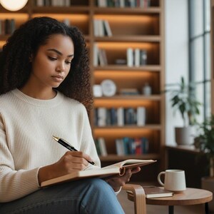 May include: A person wearing a cream-colored ribbed knit sweater and blue jeans, writing in an open notebook with a black and gold pen. The person is seated in a chair, with a small wooden side table holding a white ceramic mug nearby.