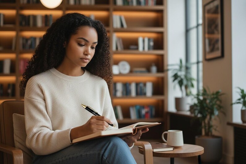 May include: A person wearing a cream-colored ribbed knit sweater and blue jeans, writing in an open notebook with a black and gold pen. The person is seated in a chair, with a small wooden side table holding a white ceramic mug nearby.