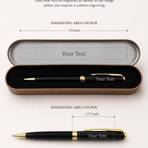 May include: A black ballpoint pen with gold-colored accents and a matching black metal case. The pen features a 1.77 inch engraving area, while the case has a 5.9 inch engraving area. Both items display the placeholder text Your Text.