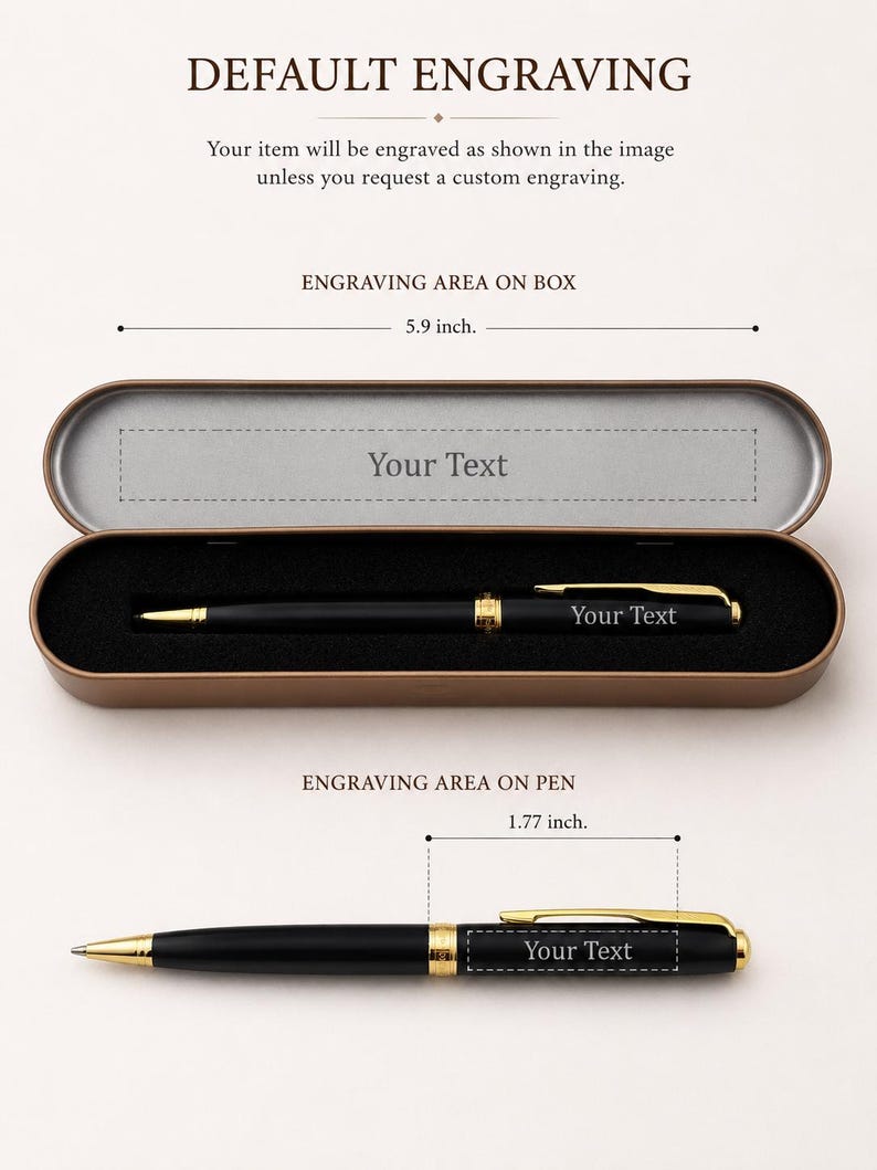 May include: A black ballpoint pen with gold-colored accents and a matching black metal case. The pen features a 1.77 inch engraving area, while the case has a 5.9 inch engraving area. Both items display the placeholder text Your Text.
