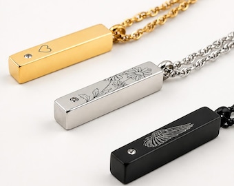 Personalized Pet Memorial Urn Necklace – Engraved Bar Pendant for Ashes, Dog or Cat Loss Gift, Custom Remembrance Jewelry for Women