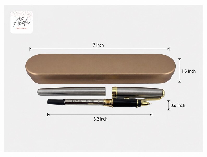 May include: A gold-colored pen case, 7 inches long, with a silver pen and a black and gold pen inside. The pens are partially disassembled. The pen case is 1.5 inches high, and the pen is 0.6 inches high.