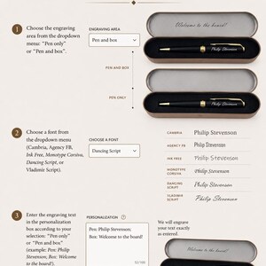 May include: An instructional graphic titled HOW TO MAKE THE ORDER showing two black pens with gold accents in metal cases. One case lid is engraved with Welcome to the board! and the pen is engraved with Philip Stevenson in various font styles.
