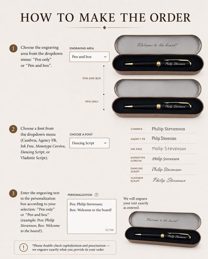 May include: An instructional graphic titled HOW TO MAKE THE ORDER showing two black pens with gold accents in metal cases. One case lid is engraved with Welcome to the board! and the pen is engraved with Philip Stevenson in various font styles.