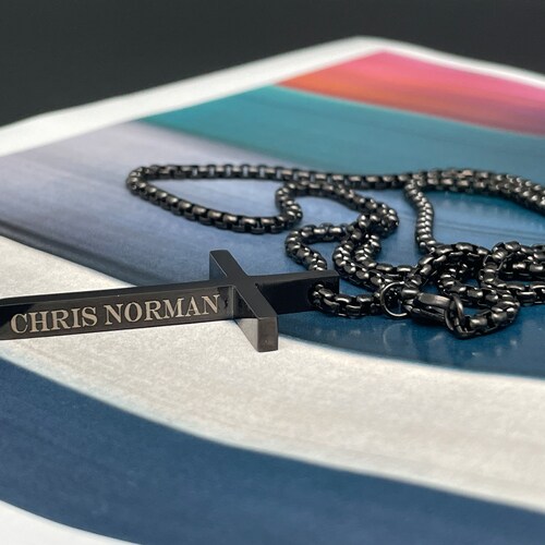 Personalized Cross Necklace Gifts for shops Him Men Dad Boyfriend Silver Black Christian Custom Laser Engraved