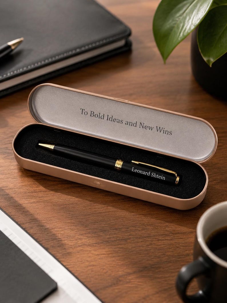 May include: A black ballpoint pen with gold-colored accents and the name Leonard Shtein engraved on the barrel, resting inside a rose gold-colored metal case with a black foam insert. The interior lid features the text To Bold Ideas and New Wins.