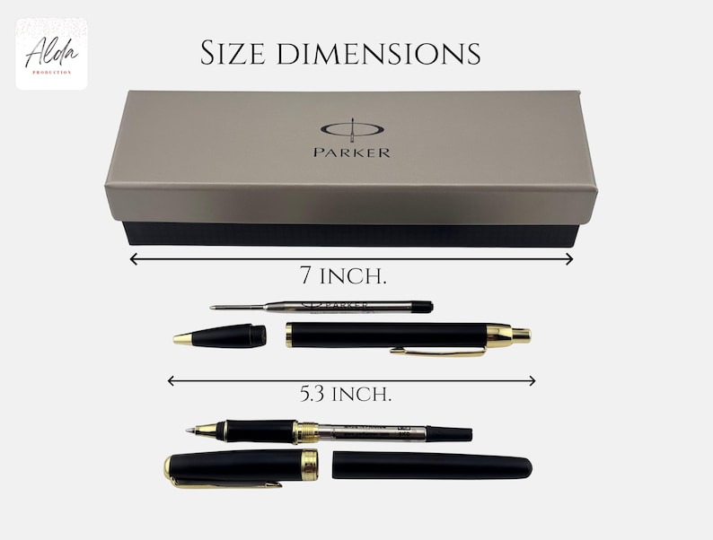 May include: A black and gold Parker pen set with a rectangular box. The box measures 7 inches in length. The pen components are displayed disassembled, with the main pen body measuring 5.3 inches in length, including a refill and cap.