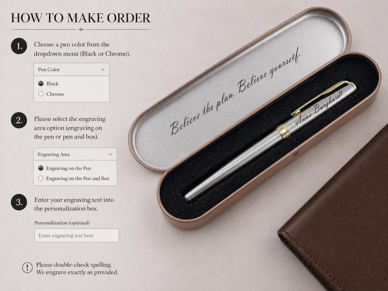 May include: A silver pen with gold accents, engraved with the name "Anna Burghardt," rests in an open, metallic pen case. The case is lined with black velvet and features the inscription "Believe the plan. Believe yourself." A brown leather wallet is next to the pen case.