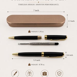 May include: A Parker twist pen set featuring a matte black pen with gold accents, a metal ink refill, and a bronze-colored case. The case measures 7 inches by 1.5 inches, and the pen measures 5.3 inches by 0.6 inches, weighing 0.70 oz.