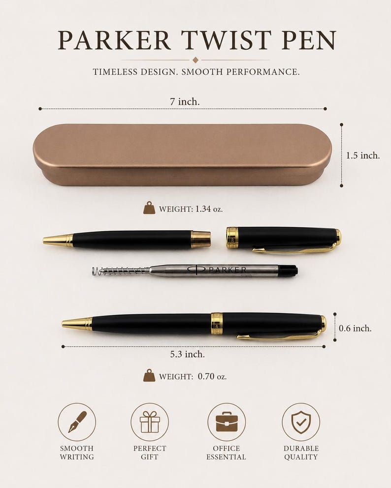 May include: A Parker twist pen set featuring a matte black pen with gold accents, a metal ink refill, and a bronze-colored case. The case measures 7 inches by 1.5 inches, and the pen measures 5.3 inches by 0.6 inches, weighing 0.70 oz.