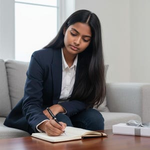 May include: A woman in a navy blue blazer and white shirt writes in a notebook on a wooden table. A white gift box with a silver ribbon sits nearby. The setting is a living room with a gray sofa and a window.