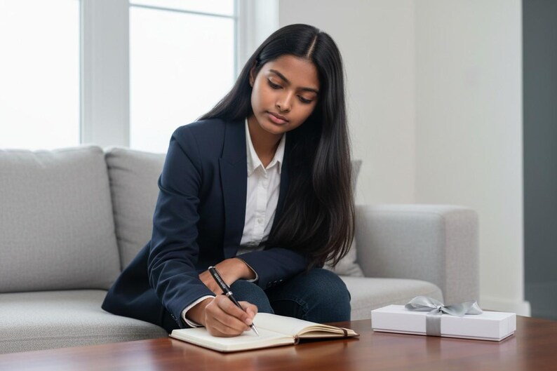 May include: A woman in a navy blue blazer and white shirt writes in a notebook on a wooden table. A white gift box with a silver ribbon sits nearby. The setting is a living room with a gray sofa and a window.
