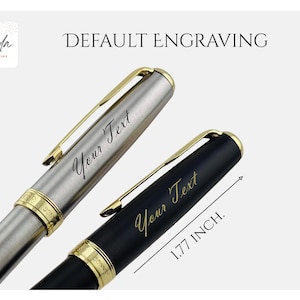 May include: Two pens, one silver and one black, with gold accents. The silver pen has the text "Your Text" engraved on it. The black pen also has "Your Text" engraved on it. The black pen is 1.77 inches long. The words "Default Engraving" are at the top.