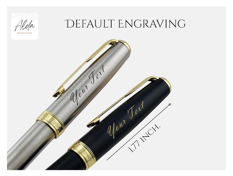 May include: Two pens, one silver and one black, with gold accents. The silver pen has the text "Your Text" engraved on it. The black pen also has "Your Text" engraved on it. The black pen is 1.77 inches long. The words "Default Engraving" are at the top.