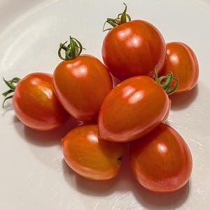 May include: A group of eight red, oval-shaped tomatoes on a white plate. The tomatoes are arranged in a cluster, with some overlapping.