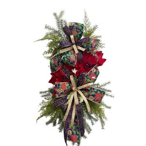 Christmas Swag Grapevine Base with Red Poinsettias and Holiday Ribbon, Front Door Christmas Decoration, Winter Swag Wreath