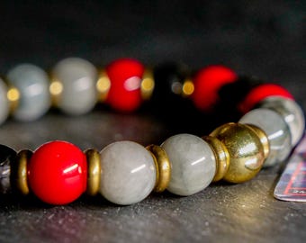 Giratina-Edelsteinarmband mit individueller Künstlerkarte | Adlerauge, Obsidian & Hämatit