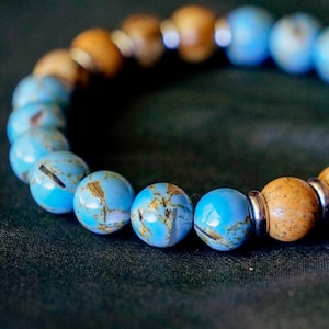 Blastoise Inspired Gemstone Bracelet – Turquoise & Picture Jasper Gemstones – Handmade Pokémon Jewelry with Custom Card