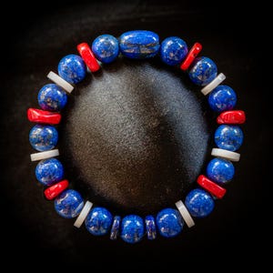 Kyogre Inspired Bracelet: Lapis Lazuli, Coral, Mother of Pearl - Handmade