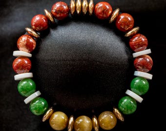 Ho-oh Inspired Gemstone Bracelet and Card - Red Jasper, Jade, Tigers Eye & MOP Gemstones