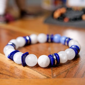 Lugia Inspired Gemstone Bracelet + Display - Moonstone, Lapis Lazuli & Angelite Gemstones
